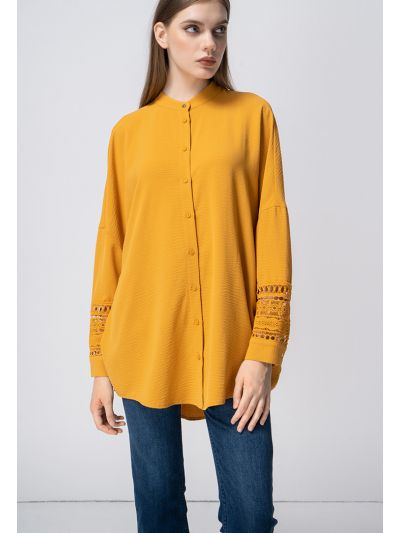 Crinkled Oversized Drop Shoulder Lace Blouse