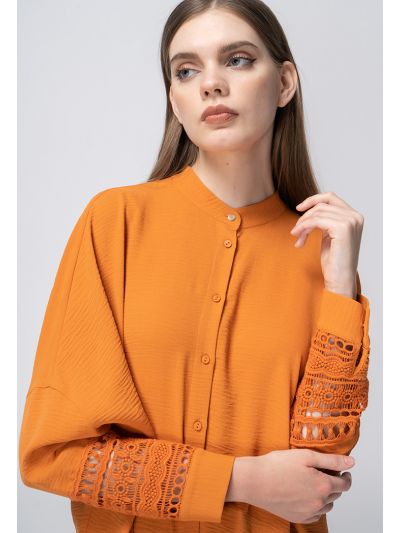 Crinkled Oversized Drop Shoulder Lace Blouse