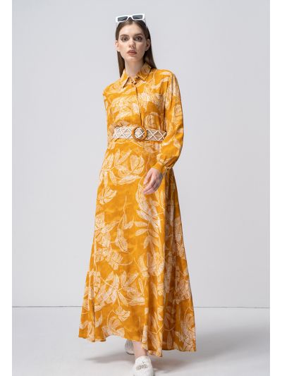 Printed Belted Long Sleeves Maxi Dress