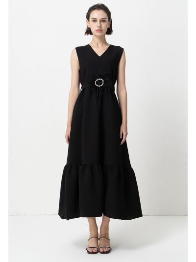 Solid Sleeveless Maxi Party Dress With Crystal Embellished Belt