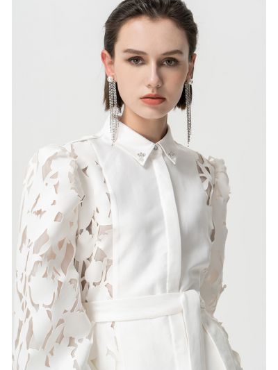 Solid Laser Cut Fabric Organza Shirt