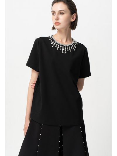 Single Tone Embellished Rhinestone Knitted Blouse