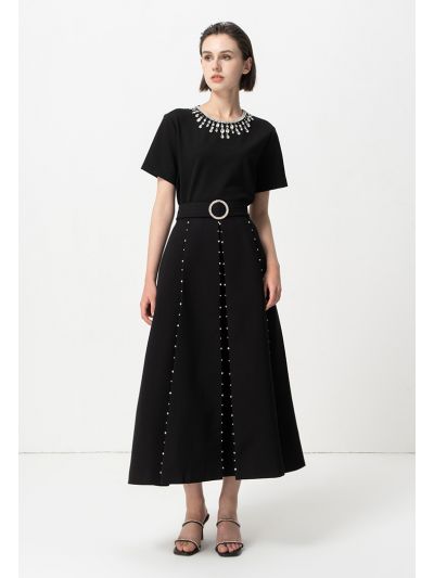 Crystal Embellished Maxi Skirt With Belt