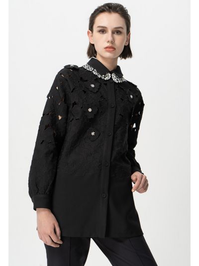 Solid Long Sleeves Embellished Rhinestone Shirt