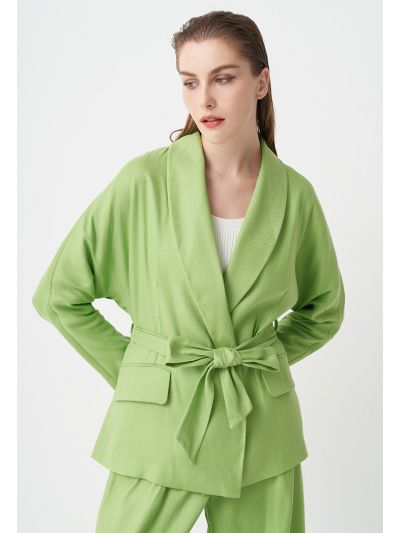 Solid Long Sleeves Belted Blazer