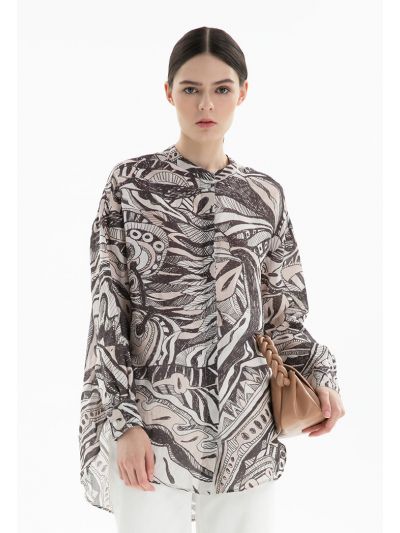 Hand Sketch Printed Round Hem Shirt -Sale