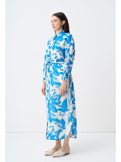 Printed Long Sleeves Belted Shirt Dress