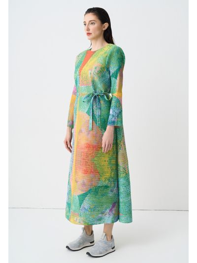 Printed Pleated Belted Oversize Dress