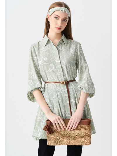 Printed Belted Flared Shirt Dress
