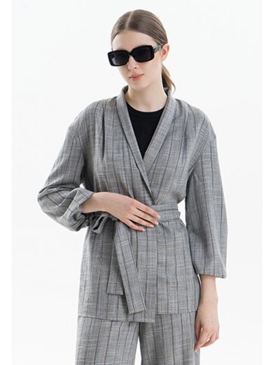 Striped Lantern Sleeves Open Jacket -Sale