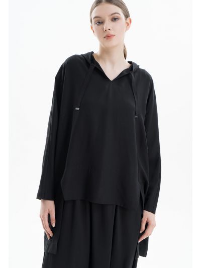 Solid Oversized High-Low Hooded Blouse -Sale
