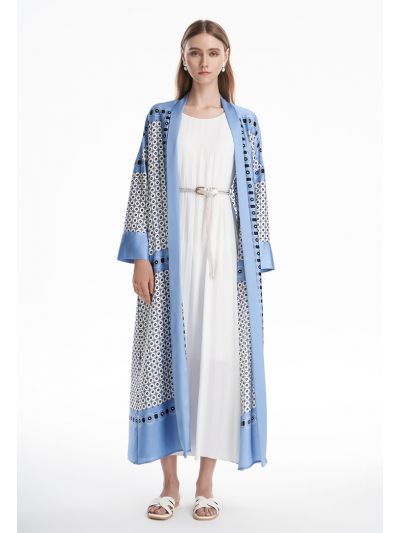 Circle All Over Patterned Multicolored Maxi Open Abaya -Sale