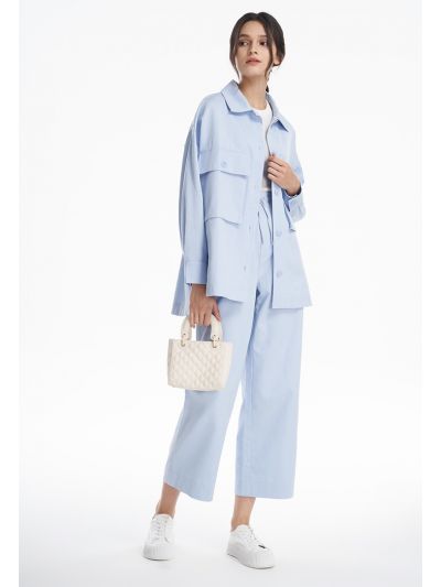 Solid Straight Leg Denim Texture Trouser -Sale