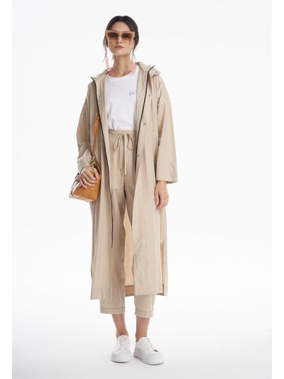 Tunnel Neck Long Detachable Hood Coat -Sale