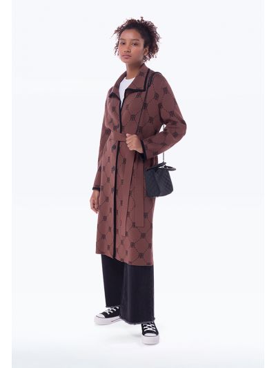 Multicolored Textured Patterned Monogram Long Coat Bisht -Sale