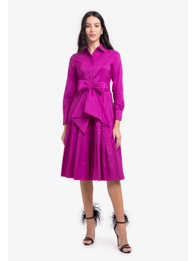 Solid Pleated Belted Midi Shirt Dress