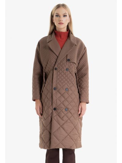 Allover Quilted Double Breasted Midi Coat
