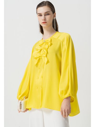 Round Neck Embellished Crystal Ribbon Blouse