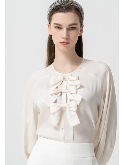 Round Neck Embellished Crystal Ribbon Blouse