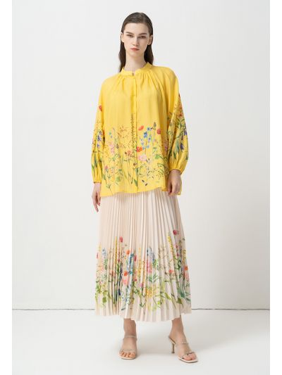 Printed Floral Pleated Maxi Skirt