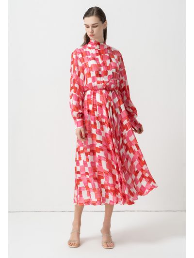 Printed Long Sleeves Belted Dress