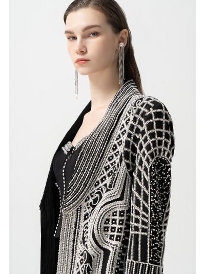 Embellished Faux Pearl Long Sleeves Blazer