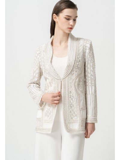 Embellished Faux Pearl Long Sleeves Blazer