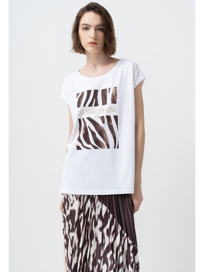 Printed Motif Cap Sleeves T-shirt