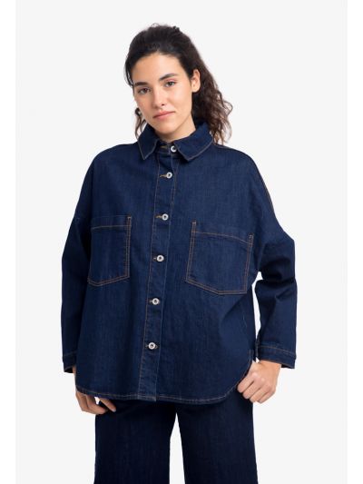 Ribbed Contrast Stitched Denim Shirt -Sale