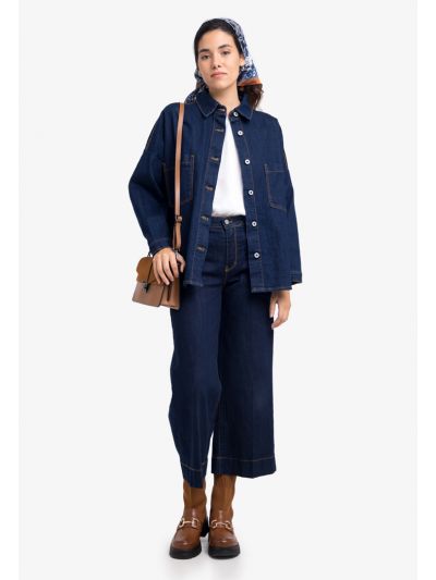 Contrast Stitched Denim Wide Leg Trouser -Sale