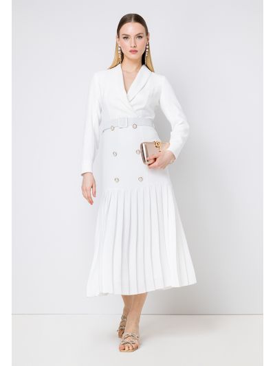 Shawl Collar Belted Pleated Dress