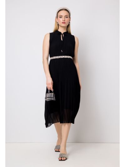 Pleated Sleeveless Belted Solid Dress- Eid Style