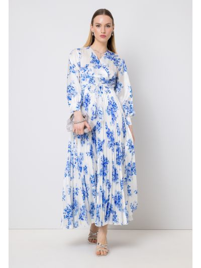 Printed Pleated V-Neck Maxi Dress- Eid Style