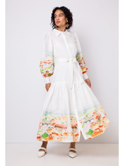 Printed Belted Balloon Sleeves Shirt Dress Set (2 PCS)