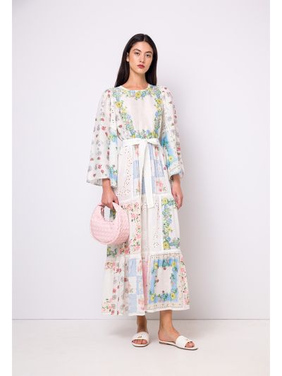 Schiffli Tiered Belted Printed Maxi Dress