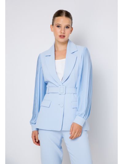 Pleated Sleeve Belted Notched Collar Blazer