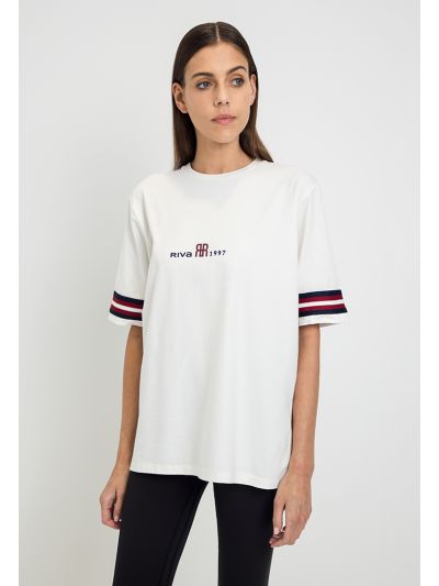 Striped Sleeve Rubber Print T-Shirt