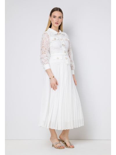 Lace Pleated Belted Solid Dress