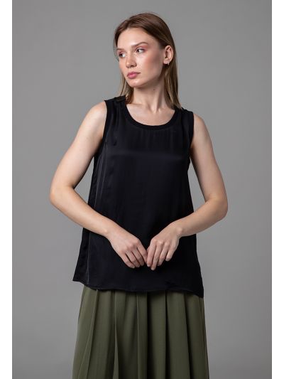 Shiny Satin Basic Top With Ribbed Neckline