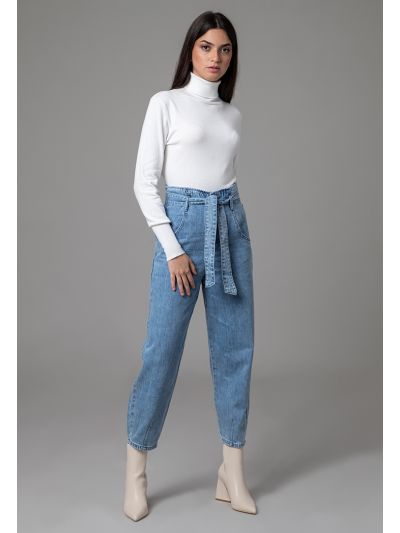 High Rise Paperbag Waist Band Regular Fit Denim Jeans