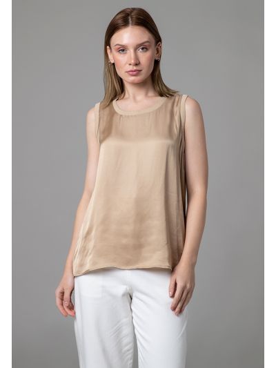 Shiny Satin Basic Top With Ribbed Neckline