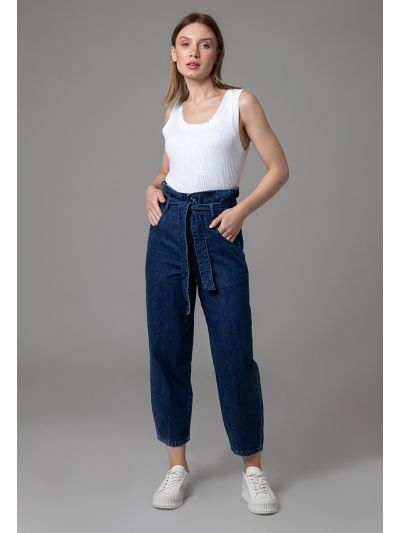 High Rise Paperbag Waist Band Regular Fit Denim Jeans