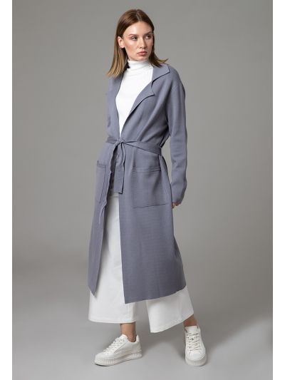 Front Pockets Waist Band Solid Open Knitted Cardigan