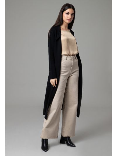 Front Pockets Waist Band Solid Open Knitted Cardigan