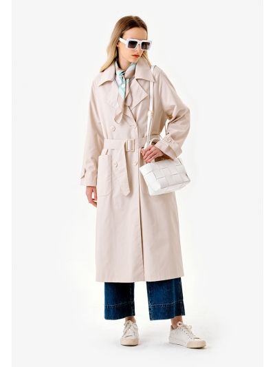 Back Printed Double Breasted Lapel Trench Coat