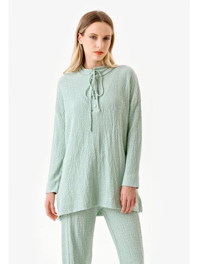 Solid Knitted Texture String Neckline Blouse