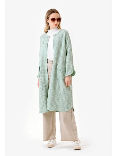 Solid Textured Buttoned Long Jacket