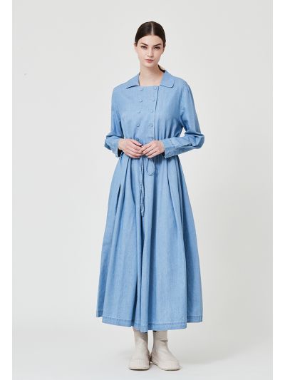 Long Denim Dress With Double Buttoned Placket