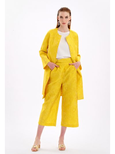 Wide Leg Jacquard Pants With Self-Fabric Belt -Sale