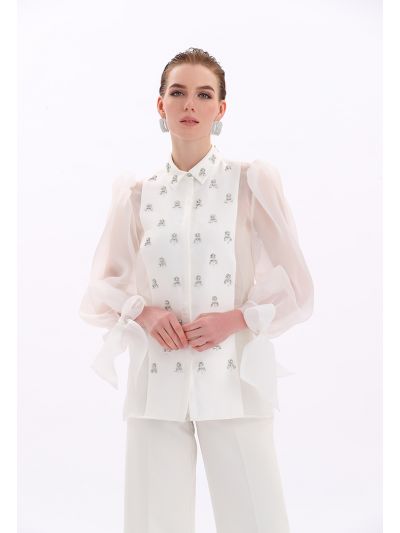 Organza Detailed Crystal Embellished Blouse -Sale